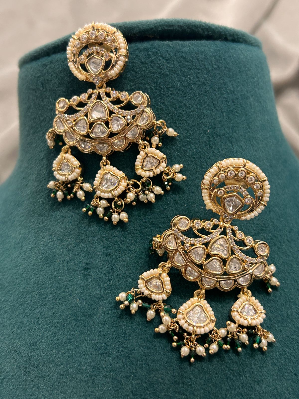 Royal Polki Kundan Bridal Necklace Set – Green & White Beaded Design